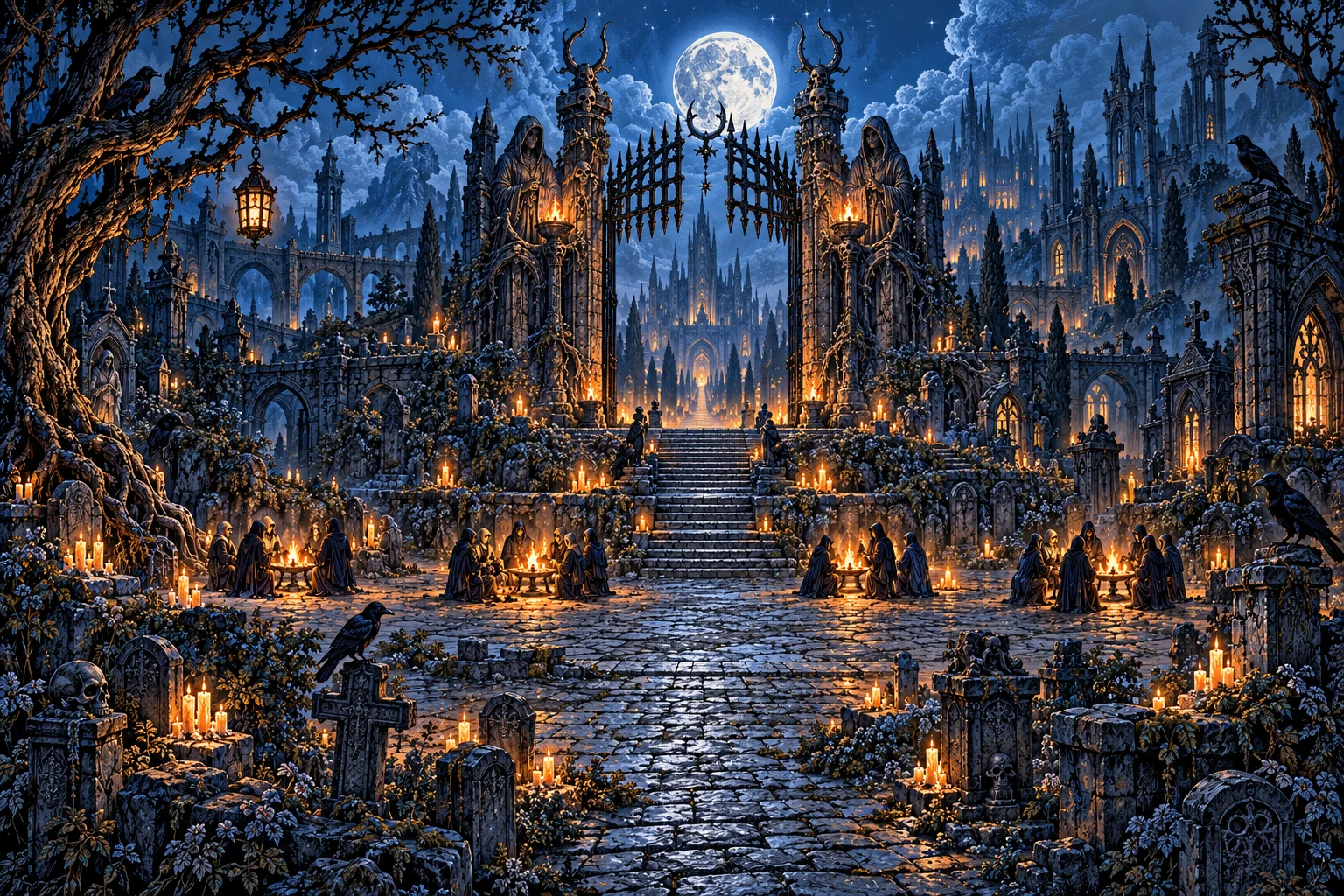 A moonlit graveyard beneath a gothic castle. Hooded pilgrims gather by candlelight at an open iron gate.